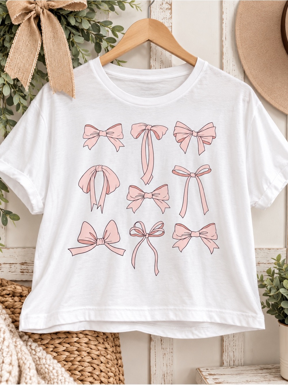 White T‑Shirt with Pink Bow Graphic